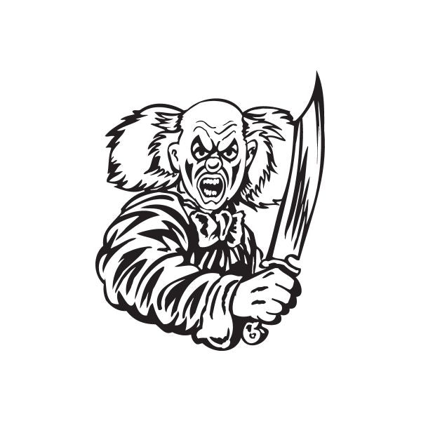 Bald clown decal with snarling face and large knife, black-and-white graphic