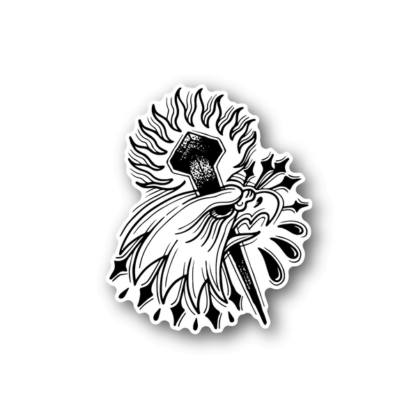 Vinyl sticker of a bald eagle carrying a torch, white line art