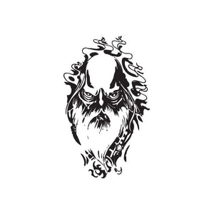 Black-and-white bald wizard skull head decal with flames and ornate scrollwork