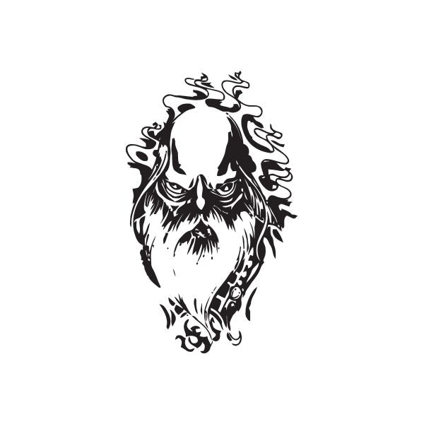 Black-and-white bald wizard skull head decal with flames and ornate scrollwork
