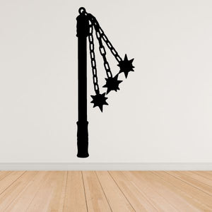 Ball and Chain Flail decal, black silhouette of handle with hanging chain and star shapes