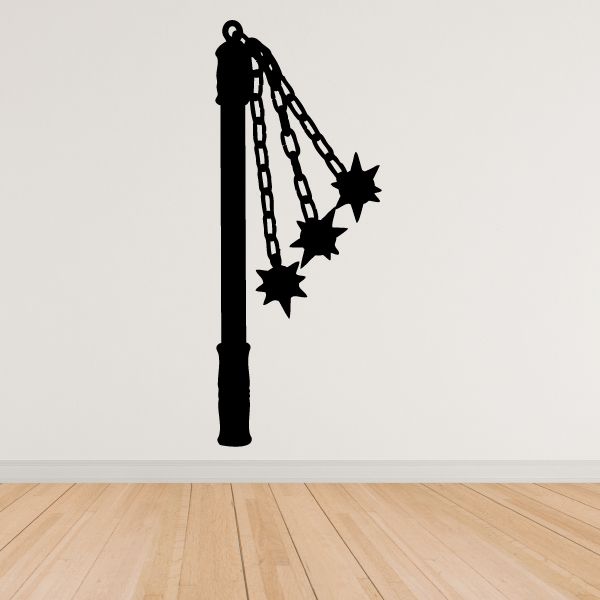 Ball and Chain Flail decal, black silhouette of handle with hanging chain and star shapes