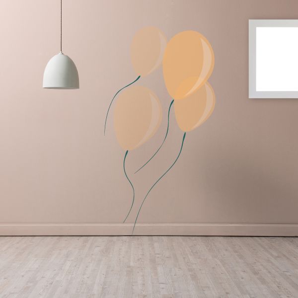 Vinyl balloon wall decal with three beige balloons and blue string