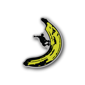 Banana skateboard vinyl sticker with skateboarder in black on yellow banana curve