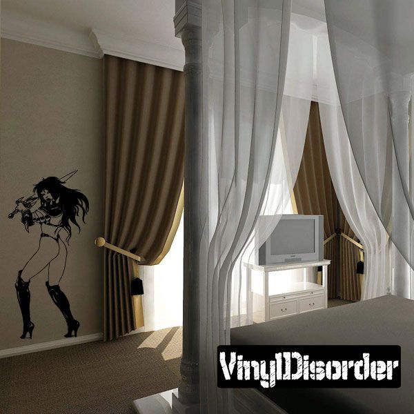 Warrior woman wall decal with black silhouette and raised swinging sword