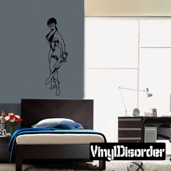 Warrior woman sword vinyl decal, black line art silhouette
