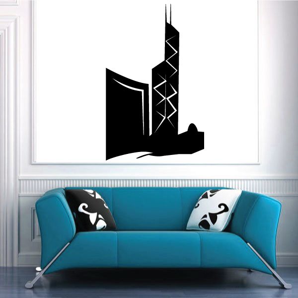 Black city tower silhouette wall decal with geometric window details