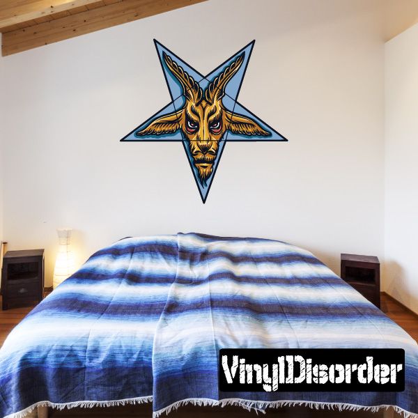 Baphomet pentagram sticker: golden horned goat head inside blue five-point star