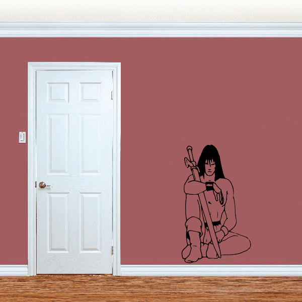 Barbarian warrior decal: black line art of kneeling warrior holding a sword