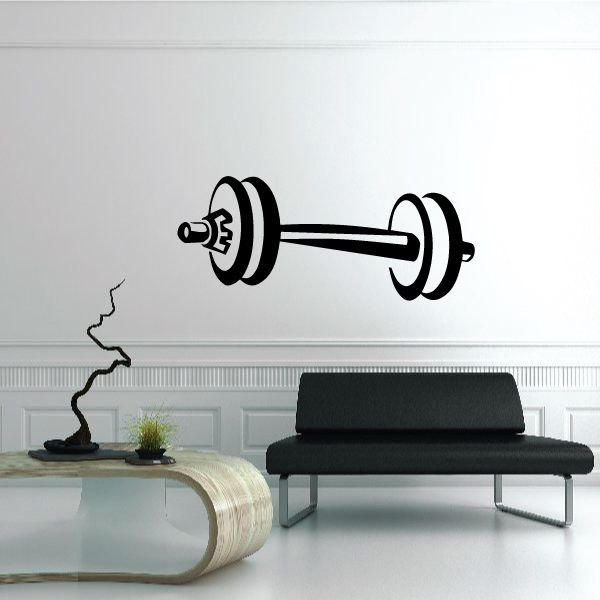 Barbell wall decal with bold black bar and weight plates