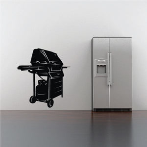 Barbecue grill decal, black silhouette of grill and wheels.