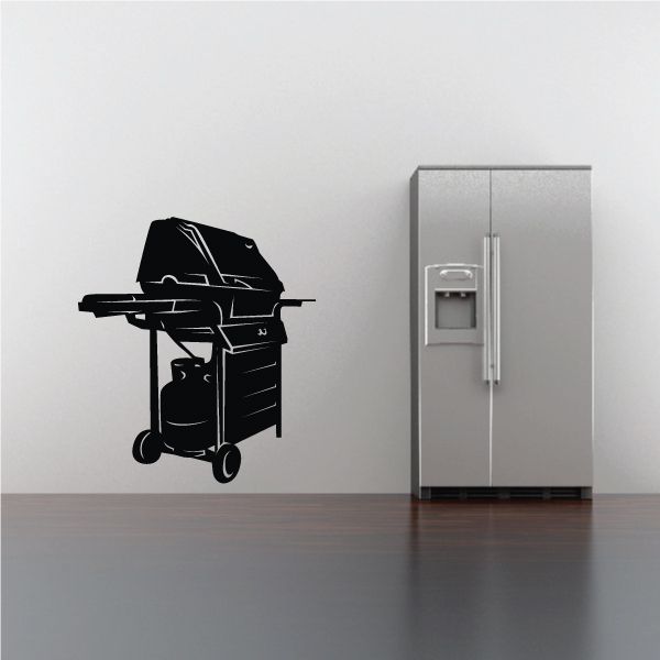Barbecue grill decal, black silhouette of grill and wheels.
