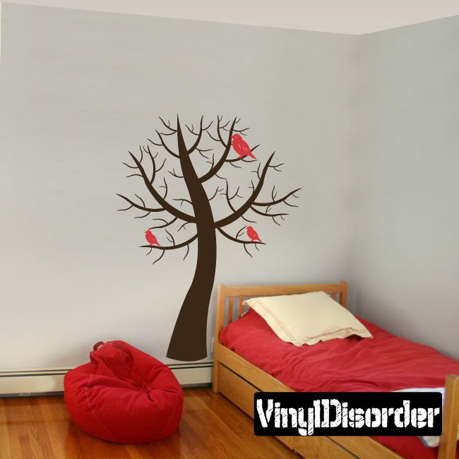 Bare tree wall decal with red birds on branches