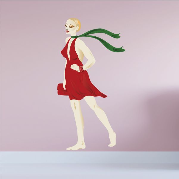 Red dress with short sleeves and flared skirt, barefoot side view