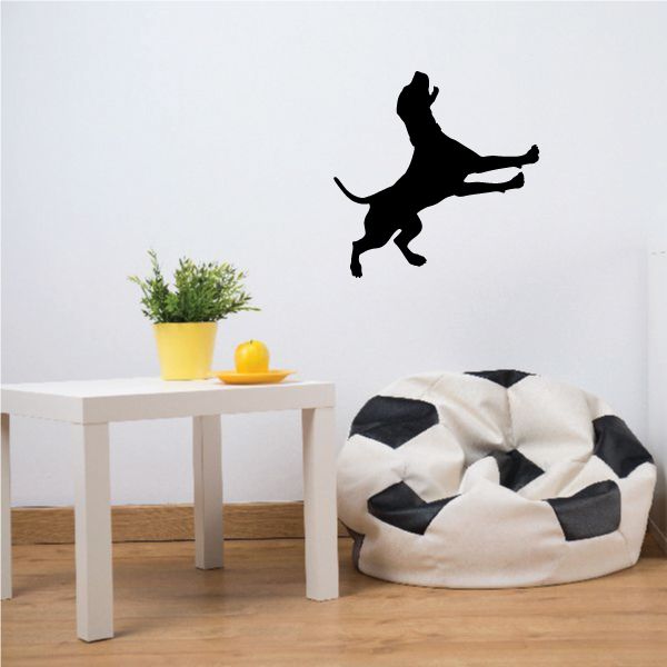 Black coonhound hunting dog decal, leaping silhouette with open mouth.