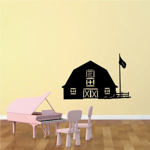 Black barn wall vinyl decal with rooster flag and fence scene