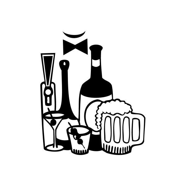 Bartender decal with black and white bar icons: bow tie, bottles, glass, beer mug