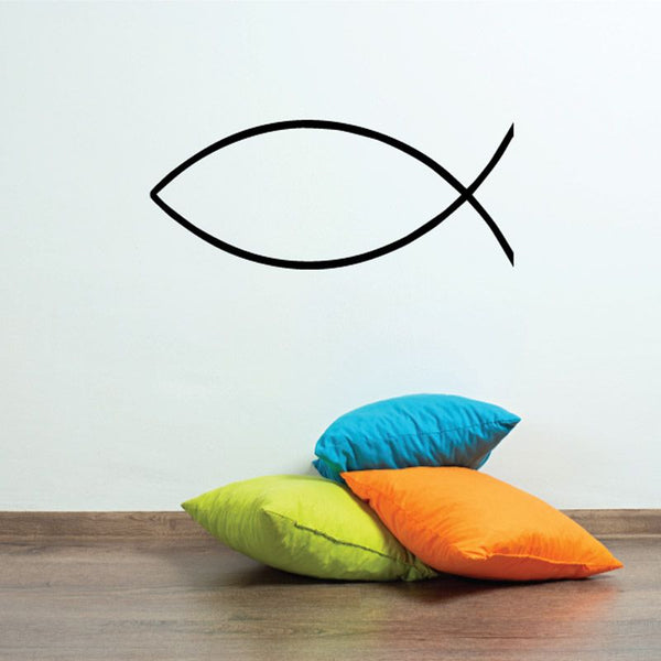 Jesus fish decal, black outline symbol with cross at tail