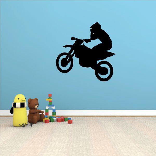 Black dirt bike rider decal silhouette, one-hand pose