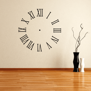 Vinyl clock decal with black Roman numerals and clock hands