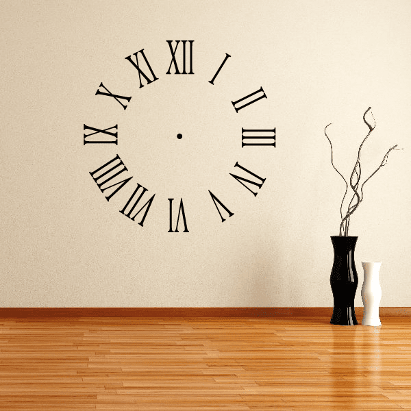 Vinyl clock decal with black Roman numerals and clock hands