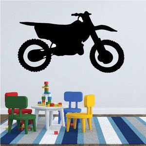 Black side-view dirt bike decal silhouette with wheels and rider