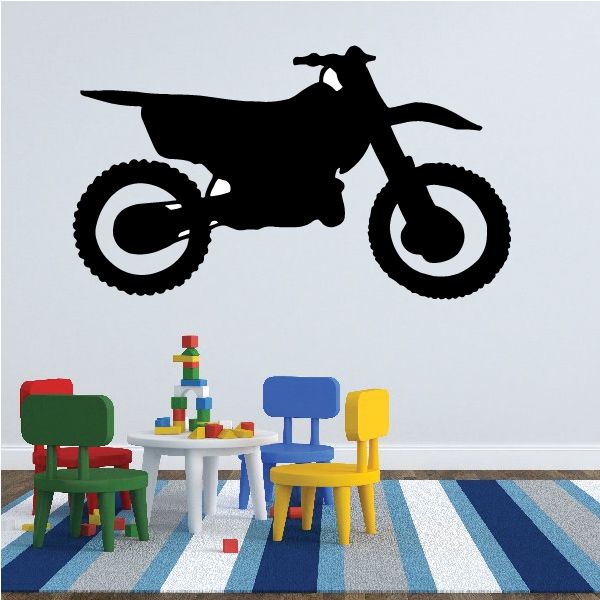 Black side-view dirt bike decal silhouette with wheels and rider