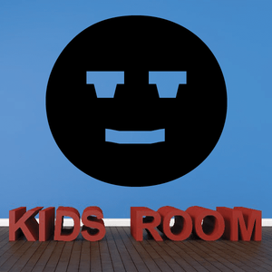 Smiling moon decal with black circular face and blue smile