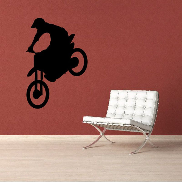 Black dirt bike stoppie decal sticker with wheelie silhouette and circular tire shapes