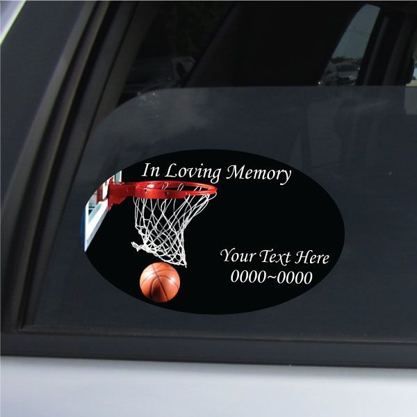 Oval in loving memory basketball sticker with hoop, net, and basketball, custom text area