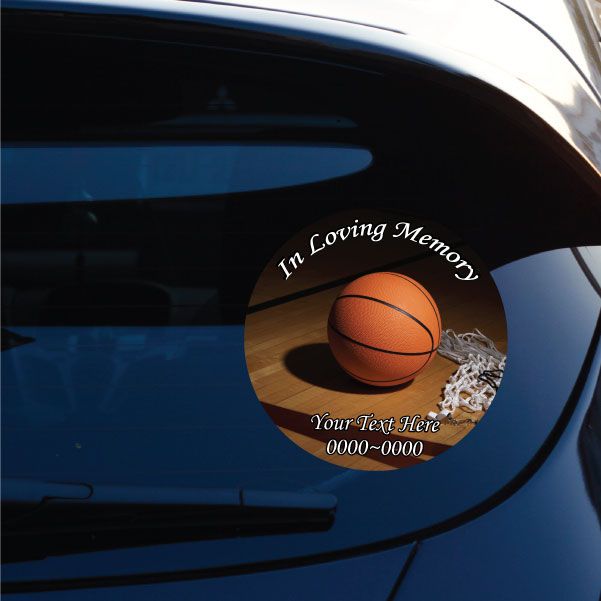Round circle sticker with basketball graphic and “In Loving Memory” text