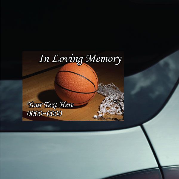 Rectangular memorial basketball sticker with “In Loving Memory” and custom text