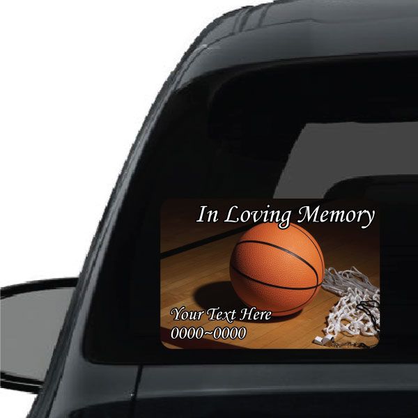 Custom rounded rectangle sticker with basketball and "In Loving Memory" text