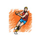 Basketball player vinyl decal sticker with red jersey and blue shorts, arms out