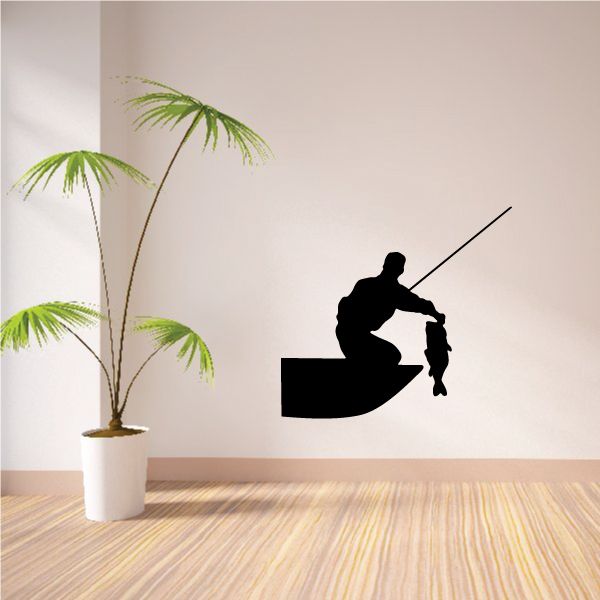 Bass fishing on boat wall decal, black fisherman silhouette with fishing rod