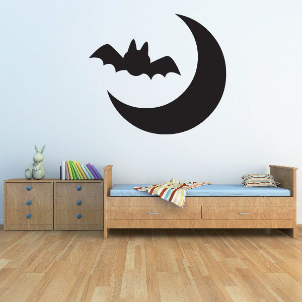 Black bat and crescent moon wall decal sticker