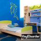 Bat-wing flying fish wall decal, yellow-green outline on blue surface.