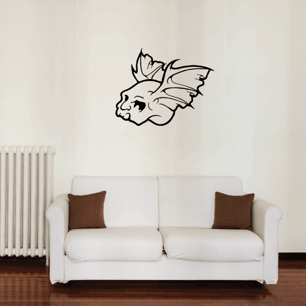 Bat-wing skull decal in black line art with a raised, smiling skull