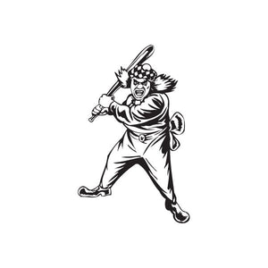 Black-and-white clown batter decal holding a baseball bat and ready to swing