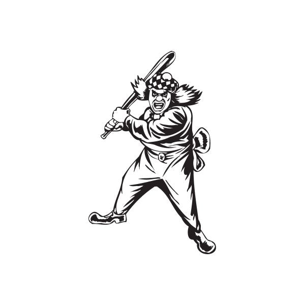 Black-and-white clown batter decal holding a baseball bat and ready to swing