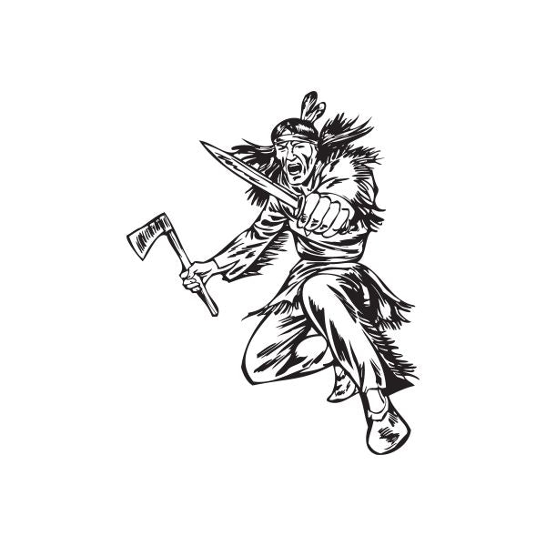Native American warrior decal featuring black line art of a feathered warrior holding an axe