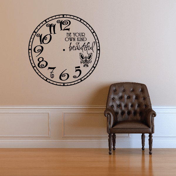Round clock wall decal, black numbers with "Be your own kind of beautiful" text