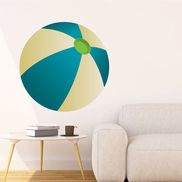 Vinyl beach ball wall decal with teal and cream stripes and green center