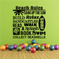 Beach Rules word collage decal with beach text, seashell icon, and colorful beach balls