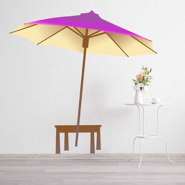 Purple beach umbrella wall decal with wooden pole and beige canopy