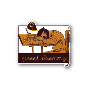 Bear sleeping vinyl sticker with sweet dreams lettering, warm orange illustration