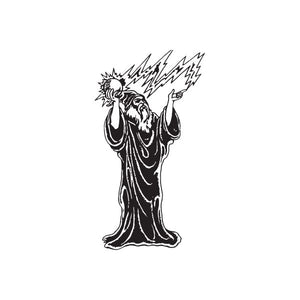 Bearded wizard lightning decal, black outline with lightning bolts and raised hands