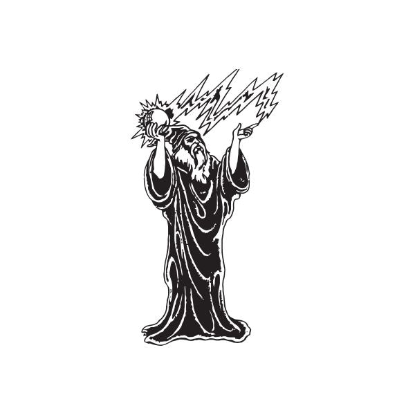 Bearded wizard lightning decal, black outline with lightning bolts and raised hands