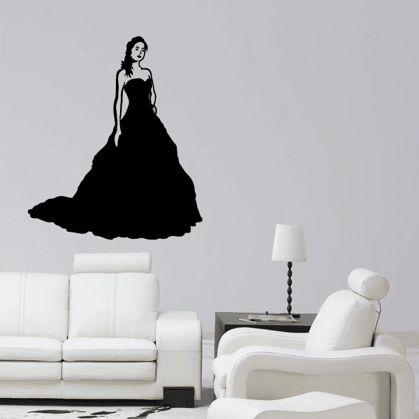 Standing bride wall decal, black dress silhouette