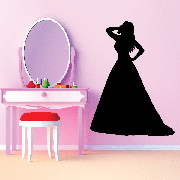 Bride silhouette decal in black, elegant long gown and veil pose